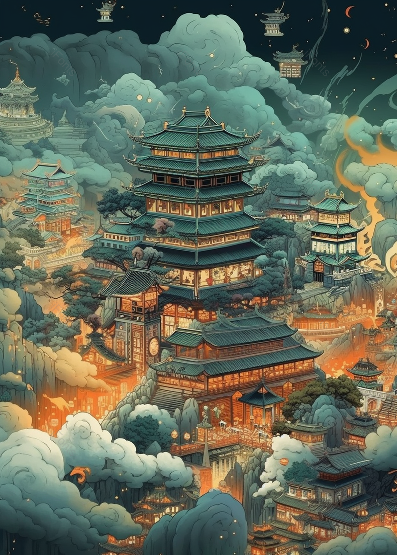 国潮古建筑着火插画古代建筑山水图背景,插画/手绘图,插画/手绘图库,插画/手绘图下载,插画/手绘